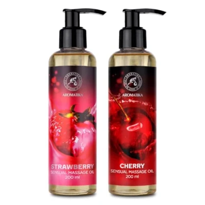 Immagine di Olio da Massaggio Sensuale Set 2x200ml Fragola &amp; Ciliegia di Mandorle e Semi d&#039;uva Naturale Commestibile Coppia