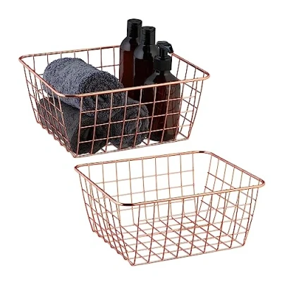Immagine di Relaxdays Set da 2 Cestini Portaoggetti in Metallo, Cesto Design a Rete, per Cucina Bagno, 12x27,5x22,5 cm, Oro Rosato