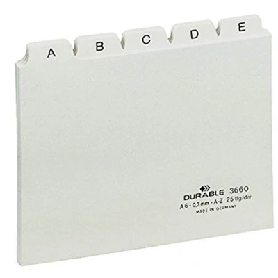 Immagine di Durable 366002 Divisore alfabetico per schedario, f.to A6, con etichette prestampate (A Z), bianco, confezione da 25 pezzi