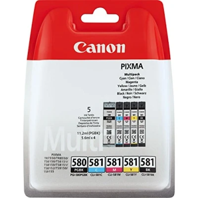 Immagine di Canon PGI 580 CLI 581 BK C M Y PGBK Confezione da 5 Cartucce d&#039;inchiostro (Nero Ciano Magenta Giallo Pigmento nero colore) Originale Canon, Imballaggi in Plastica Obsoleti 2018