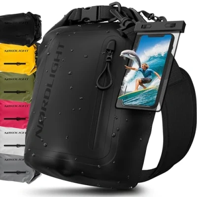 Immagine di Nordlight Dry Bag Sacca Impermeabile + Custodia per Cellulare Chiusura Arrotolabile, Tracolla Zaino Stagna Borsa Spiaggia, Canoa, SUP, Immersioni Nero, 5 Litri