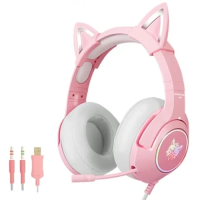 Immagine di Auricolare per Orecchio Gatto, Cuffia da Gioco Rosa con Microfono, Orecchie di Gatto Rimovibile, Suono Surround E Luce Riduzione del Rumore Retrattile, Adatto a Cuffie Tutte Le Ragazze