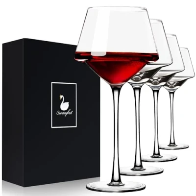 Immagine di Swanfort Bicchiere da vino rosso, set di 4 bicchieri in cristallo soffiato a mano, con stelo alta qualità, confezione regalo 411 ml