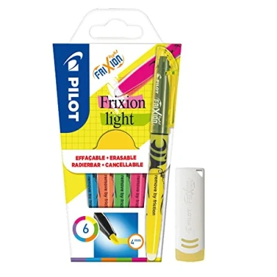 Immagine di Pilot 4136S6 Evidenziatore FriXion Light, 6 pezzi, colore: Rosa/Giallo/Verde/Blu/Viola/Arancione con gomma per cancellare