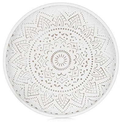 Immagine di Hanobe vassoio rotondo in legno per la casa, piccolo legno, decorazione rustica, bianco, caffè e cucina, contatore, 30 cm