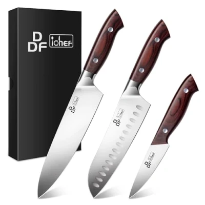Immagine di DDF iohEF Set Coltelli da Cucina, 3 Pezzi Cucina professionali Ultra Affilati, Coltello Santoku, Chef, Spelucchino in Acciaio Inossidabile