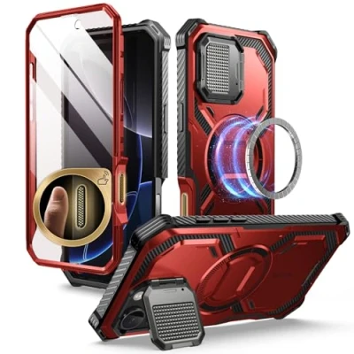 Immagine di i Blason Armorbox Cover per iPhone 16 Pro Max 2024 con Fotocamera [Compatibile MagSafe] Custodia Robusta tutto il Corpo Proteggi Schermo Integrato e Supporto (Rosso)