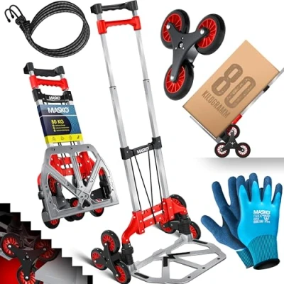 Immagine di MASKO® carrello porta sacchi per scale pieghevole 80 kg di portata 3x3 Arrampicatore incl. ruote + 2 corde espansione guanti maniglia regolabile in altezza, manuale