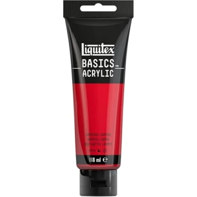 Immagine di Liquitex 8870043 Basics Pittura acrilica, Pigmenti per artisti monopigmentati, Resistente alla luce, durevole nel tempo, Finitura satinata, Tubo da 118 ml Rosso Naftol Carmino