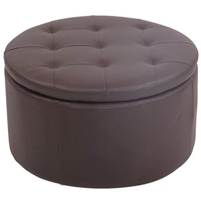 Immagine di CLP Pouf Tondo Contenitore Evora in Velluto I Stoffa O Similpelle Sgabello Basso Scoperchiabile con Fodera Trapunta, Colore:Marrone, Materiale:Ecopelle