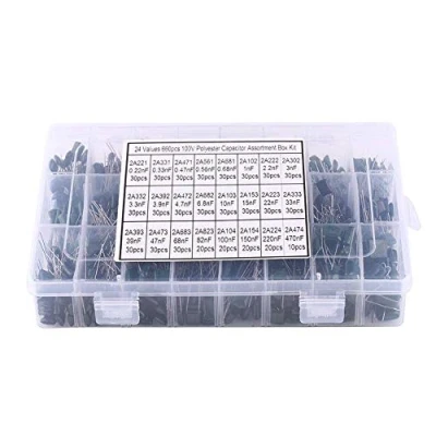 Immagine di 24 valori Kit Assortimento Condensatore 660 pezzi 100V con Scatola di Immagazzinaggio, set Condensatori in Carta pellicola Poliestere 0.22nF 470nF