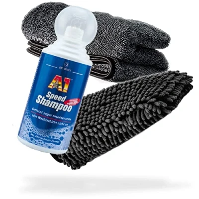 Immagine di detailmate Set di lavaggio e asciugatura per auto Dr. Wack A1 Speed Shampoo 500 ml + guanto in ciniglia panno asciutto 1000 g/m² il ideale dell&#039;auto