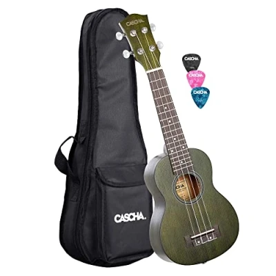 Immagine di Cascha Ukulele Soprano Verde Mogano I Starter Kit 3 Plettri Colorati Custodia Gigbag Premium Piccola Chitarra Hawaii per principianti esperti