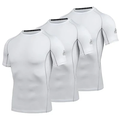 Immagine di AMZSPORT Maglietta a Compressione da Uomo, Maniche Corte, Funzionale, Cool Dry, per Allenamento e Corsa, Confezione 3: Bianco, L
