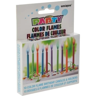Immagine di Unique Party 34099 Candele Con Fiamma Colorata e Supporti, Confezione da 10 , Modelli/Colori Assortiti, 1 Pezzo