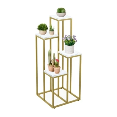 Immagine di Relaxdays Portavaso a Colonna, Scaffale Alto Porta Fiori 100x40x40, Mobiletto Moderno, Piedistallo Fiori, Oro e Bianco