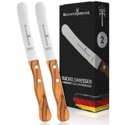 Immagine di Schwertkrone Solingen Set di 2 Coltelli da Colazione in Legno d&#039;Ulivo Tradizione e Qualità Coltello pane panini con lama ondulata INOX