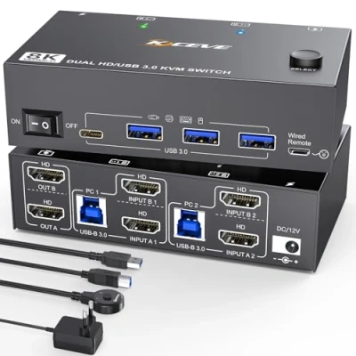 Immagine di 8K HDMI KVM Switch 2 computer monitor 8K@60Hz, USB 3.0 Camgeet per PC Condividi e 4 hub 3.0, con telecomando cablato, adattatore di alimentazione 12 V, cavo incluso