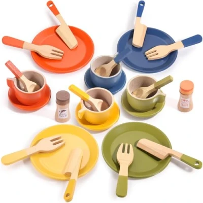 Immagine di GAGAKU set di piatti da cucina giocattolo in legno per bambini e posate accessori 26 pezzi regalo dai 3 anni su