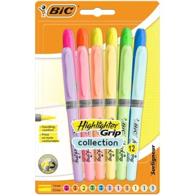 Immagine di BIC Highlighter Grip, evidenziatori con punta smussata regolabile, colori vivaci e pastello, confezione da 12