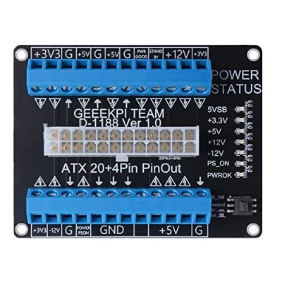 Immagine di GeeekPi Adattatore modulo scheda di breakout per alimentatore ATX DC a 24/20 pin, blocco terminale vite computer PC