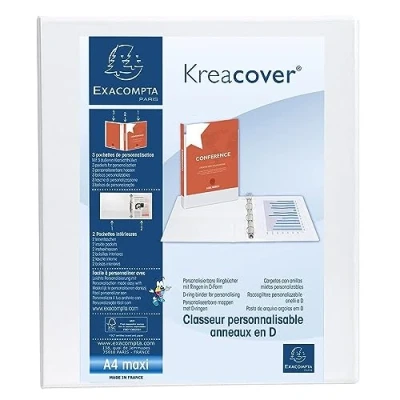 Immagine di Exacompta 51842E 1 Raccoglitore Personalizzabile Kreacover 4 Anelli a D 30 mm Copertina Foderata PP con Tasca Fronte/Dorso/Retro Dorso 47 F.to Esterno 27.7x32 cm per A4 Maxi Bianco