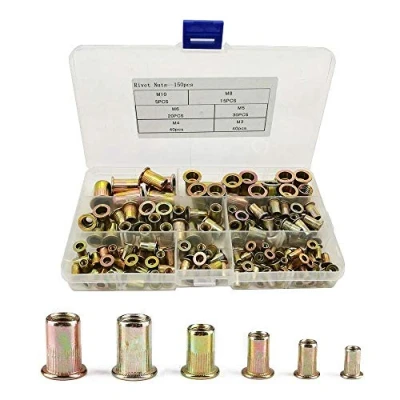 Immagine di Dadi per rivetti assortiti, kit da 150 pezzi in acciaio al carbonio zincato, cappucci filettati con testa piatta M3 M4 M5 M6 M8 M10