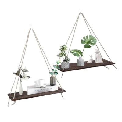 Immagine di 2Pcs Scaffale da Parete in Legno, Appeso con Corda Scaffali Swing Decorazioni Vaso di Fiori Piattaforma Legno per Soggiorno, Caffetteria, Uffi