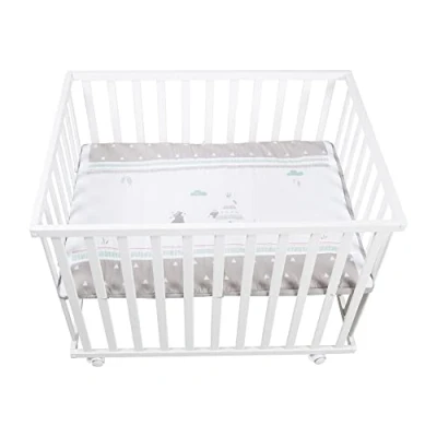 Immagine di roba Box per Bambini Indiebear + Materasso, 75 x 100, Rettangolare, Orsetto, Ruote con Freni, Base Regolabile in Altezza, Legno Laccato Bianco