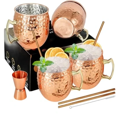 Immagine di SuproBarware Moscow Mule Set di 4 tazze con doppio jigger, in acciaio inox placcato nero, 18oz, perfetto per bevande fredde pezzi rame.