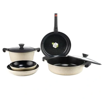 Immagine di LAGUIOLE, Set cucina 8 pezzi in alluminio forgiato, rivestimento ceramico antiaderente, manico universale removibile, compatibile con tutte le fonti di calore, impilabile, 24 cm, Verde