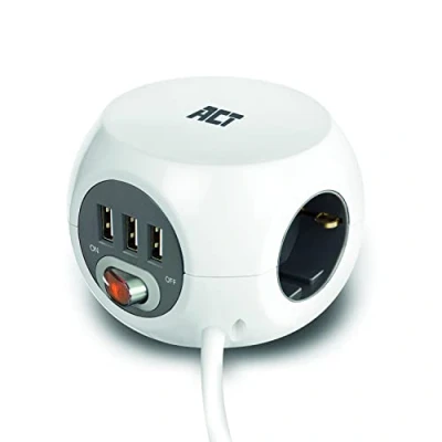 Immagine di ACT Adattatore con USB, Powercube 3 USB A (2,4 A/12 W) interruttore, presa prese, incluso cuscinetto adesivo per cucina, ufficio, soggiorno, lunghezza cavo m, colore bianco AC2410