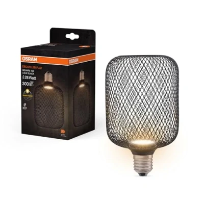 Immagine di OSRAM DECOR LED FLAT SQUARE lampada piatta quadrata da 3,5 W, 300 lm/2700 K in bianco caldo 827, satinata, plastica nera, con filettatura E27, non dimmerabile, diametro 100 mm.