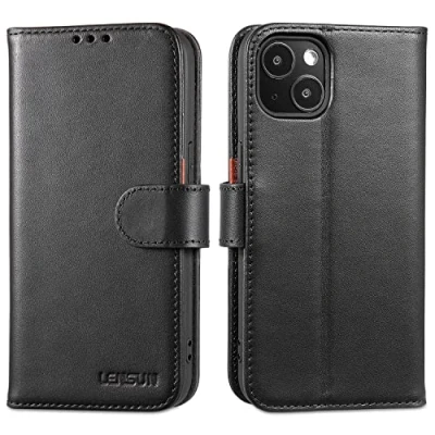 Immagine di Lensun Cover per iPhone 13, Custodia in Vera Pelle [RFID Blocking] Libro con Portafoglio Slot Schede Flap Magnetico Custodie Cuoio Telefono 13 Nero
