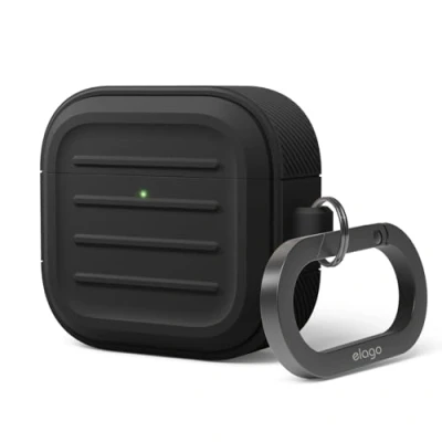 Immagine di elago Armor Custodia Compatibile con la AirPods 4 4, Moschettone Incluso, Supporta Ricarica Wireless, Protezione Totale (Nero)