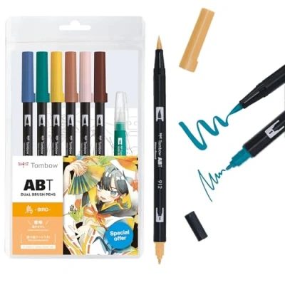 Immagine di Tombow ABT Dual Brush Pen Set MANGA Acquerello Bird, di 6 + Pennello per serbatoio d&#039;acqua, Disegni da colorare e video tutorial [ABT 6P BIRD]