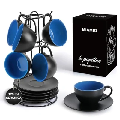 Immagine di MIAMIO 175 ml Set di 6 Tazze Cappuccino con Piattini/Tazza Cappuccino/Tazze da Tazzine Caffè Piattino Colazione Caffe Collezione Le Papillon (Blu)