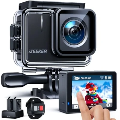 Immagine di iZEEKER Action Cam 4K 20MP, Ultral Grandangolo 170 Videocamera Subacquea 40M Impermeabile, Vlog Fotocamera per Casco con Touchscreen, WIFI, EIS, Telecomando, 2 Batterie/Kit di Ricarica/Accessori