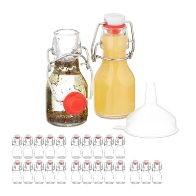 Immagine di Relaxdays Set 25 Bottigliette in Vetro per Bomboniere Liquori o Olio, Bottiglie 50 ml, con Tappo Ermetico, Trasparente, Acciaio Inox