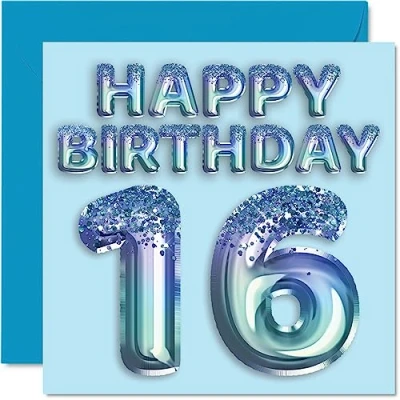 Immagine di Stuff4 Biglietto di auguri per il 16 compleanno ragazzi, con palloncini blu glitterati Biglietti anni, figlio, fratello, nipote, 145 mm x mm, regalo sedici anni