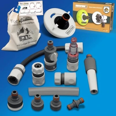 Immagine di MaJoCompTec® CONNECT 30 Set per serbatoio dell&#039;acqua camper, accessori caravan (set di collegamento con filtro, pacchetto adattatore a 3 pin, diametro: 78)