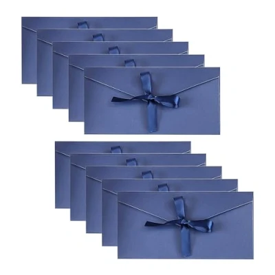 Immagine di 10 buste blu lago con nastri, biglietti d&#039;auguri nastro di carta kraft, regalo, invito (22 * 11 cm)