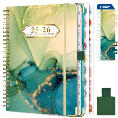 Immagine di Gumiho Agenda Settimanale 2025 2026 Spirale A5 Scolastica (luglio giugno 2026) con Anello di Penna,Segnalibro Righello e adesivi per piani (Verde)