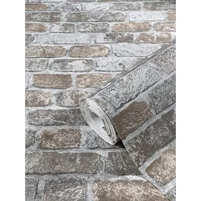 Immagine di carta da parati in pietra 3D grigio marrone effetto mattone rustico per camera letto soggiorno o cucina 10,05m x 0,53m 58410 marburg