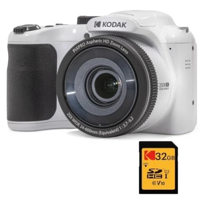 Immagine di KODAK Pixpro Astro Zoom AZ255 + Scheda di memoria SD da 32 GB Fotocamera Bridge Digitale 16 MP, 25X, Video HD 1080p, grandangolare 24 mm, schermo LCD 3, batteria AA Bianco