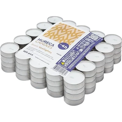 Immagine di Horeca Candles Candele Tealight Bianche Durata 4 Ore di Combustione Set da 100 Candeline Non profumate Lumini per Matrimonio, Decorazione, Gastronomia