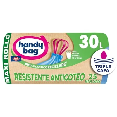 Immagine di Handy Bag Sacchetti per rifiuti resistenti a prova di goccia, 100% riciclati, autobloccanti, 30 l, 25 sacchetti, 1 confezione