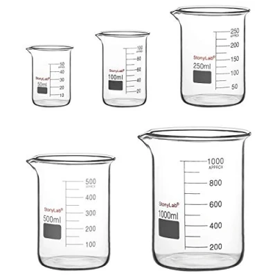 Immagine di stonylab Set di Becher in Vetro, Vetro Borosilicato Griffin Graduati a Forma Bassa 5 Dimensioni, 50ml/100ml/250ml/500ml/500ml/1000ml (1L), Confezione Combinata