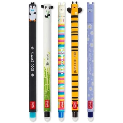 Immagine di LEGAMI Set di 5 penne gel cancellabili con inchiostro cancellabile termosensibile, gamma colori dell&#039;inchiostro e disegni a botte, punta da 0,7 mm, pinguino, panda, lama, ape ippopotamo
