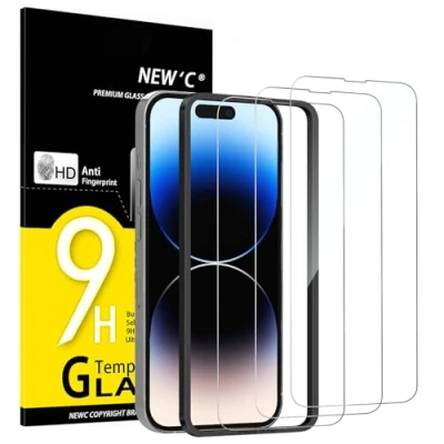 Immagine di NEW&#039;C 3 Pezzi, Vetro Temperato per iPhone 14 Pro (6,1 Pollici), Pellicola Prottetiva Anti Graffio Ultra resistente Trasparente HD Strumento di installazione facile incluso
